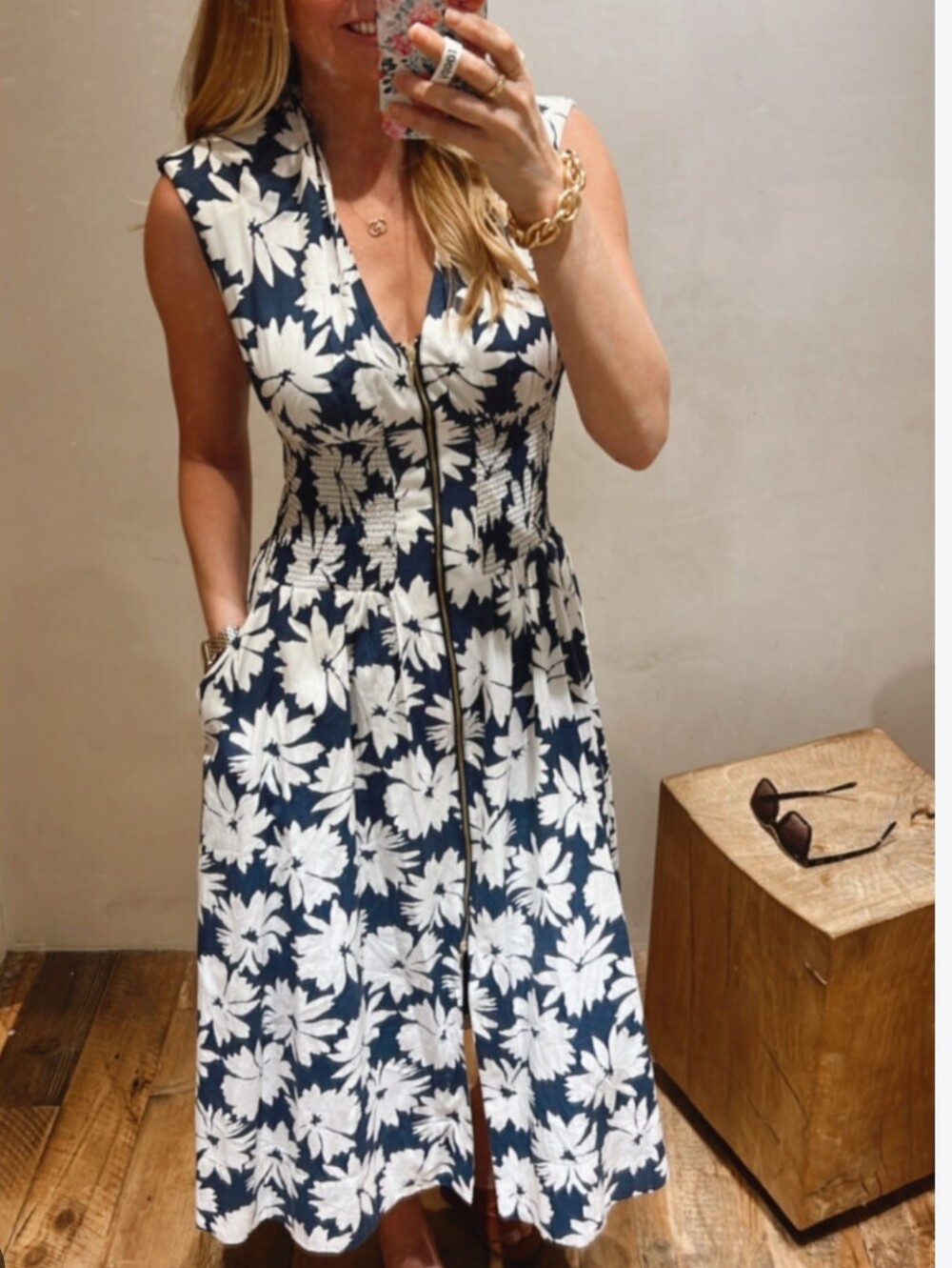Anthropologie Navy and White Floral Zip-Front Sundress